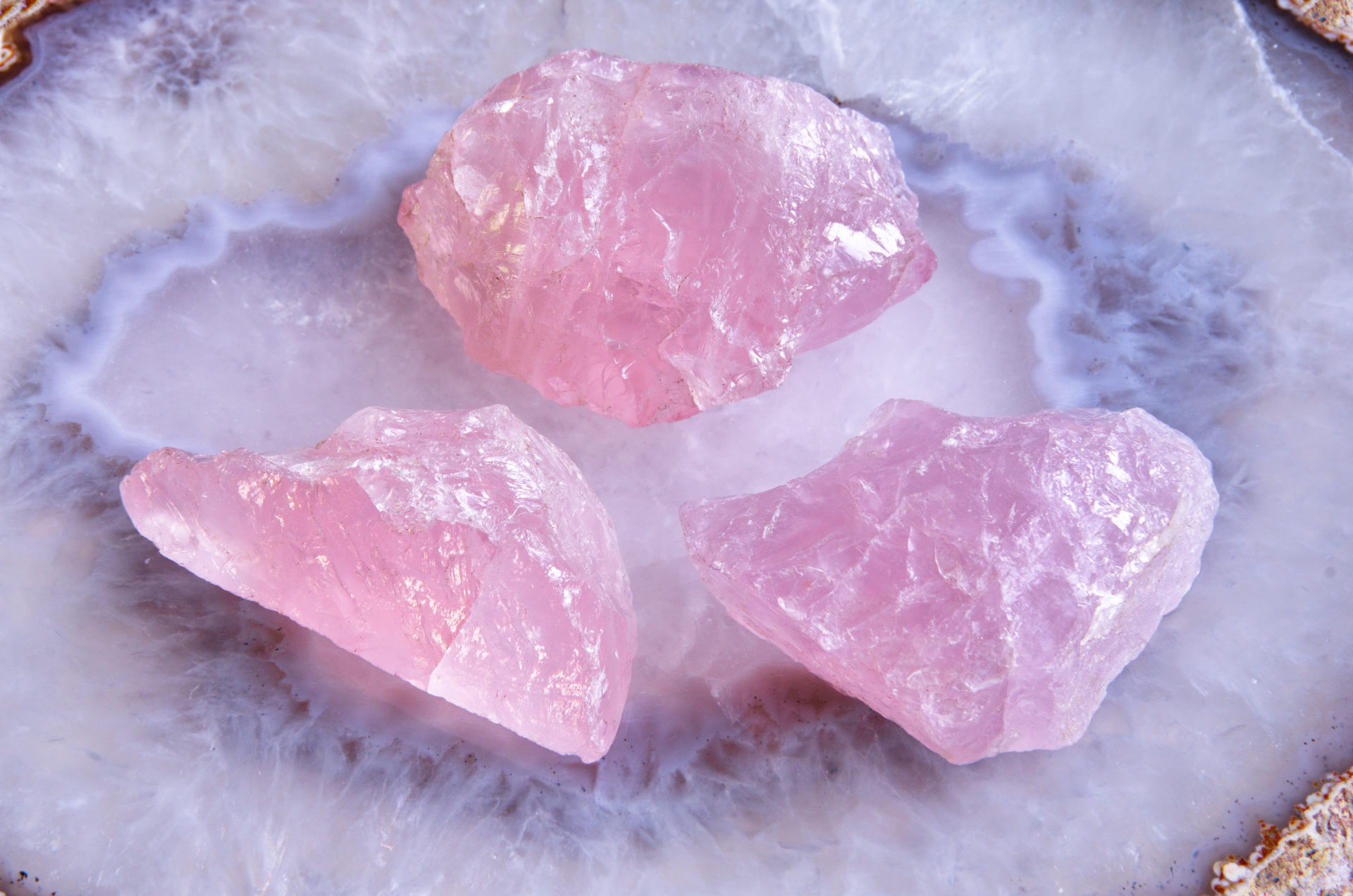 rose quartz gemstones on light quartz plate.